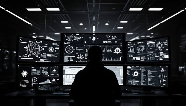 Security analyst monitoring a wall of threat-detection dashboards.