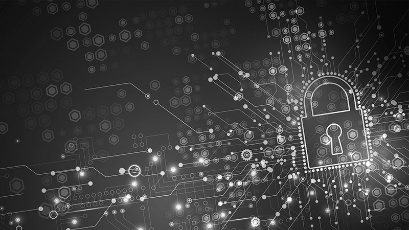 Digital padlock formed from circuit lines and glowing nodes.